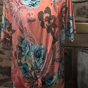 A Girl Thing Coral and Aqua Floral Short Sleeve Top